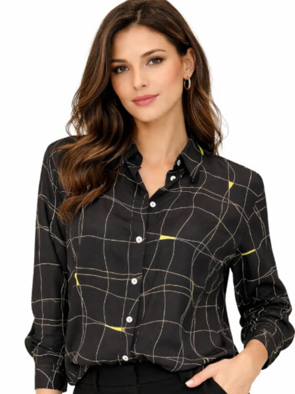 Frilli Black Gold Line Print Button Blouse Relaxed Fit Size US 12